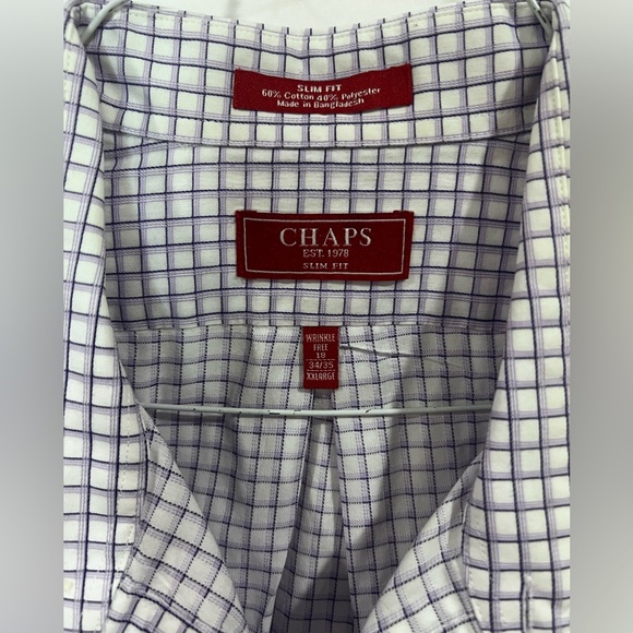Mens Chaps Checkered Dress Shirt White & Purple long sleeves pocket nice texture - Picture 3 of 11
